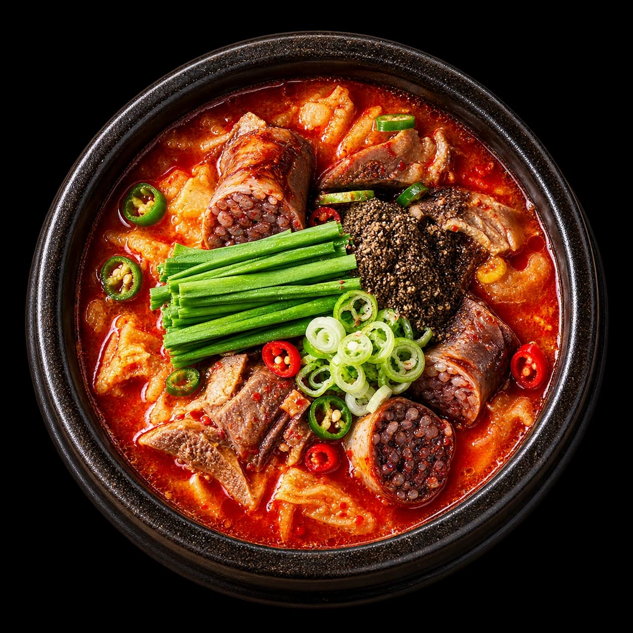 붉은 국물에 순대와 고기, 부추를 담은 뚝배기를 위에서 본 모습
