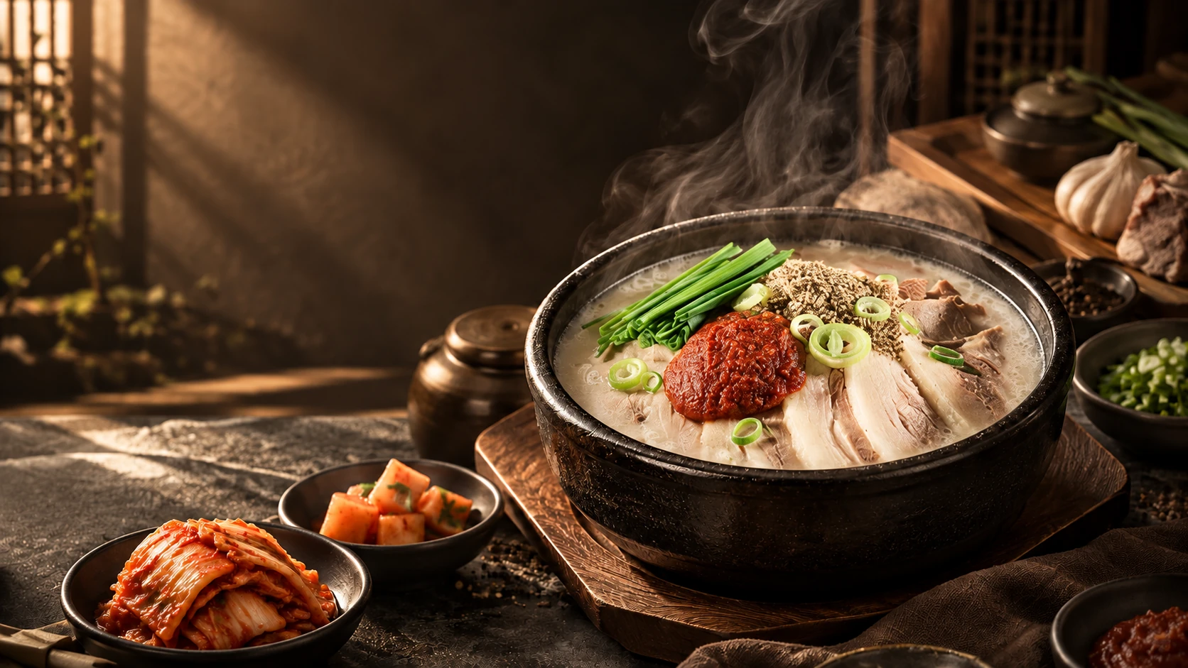 김이 오르는 검은 뚝배기 국밥에 고기와 부추, 양념을 올리고 김치와 깍두기를 곁들인 한 상